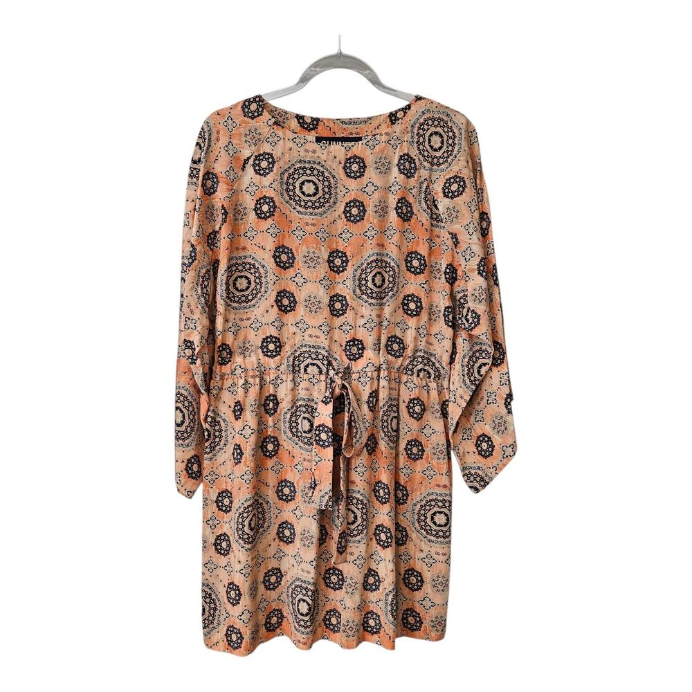 Sunner 100% Silk Dress Mini Orange Blue Geo Flare Sleeve Drawstring Waist MEDIUM